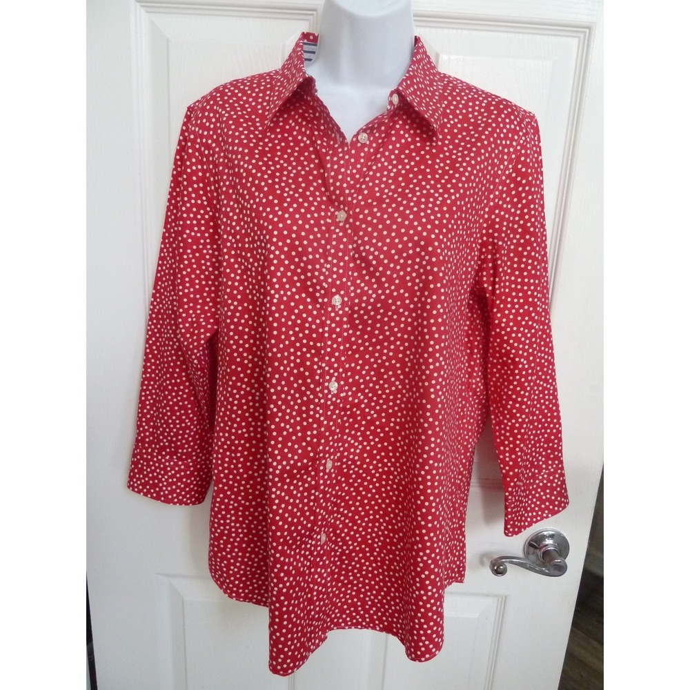 CHAPS Women Red Polka Dot Blouse Button Up 3/4 Sleeve Career Top Large